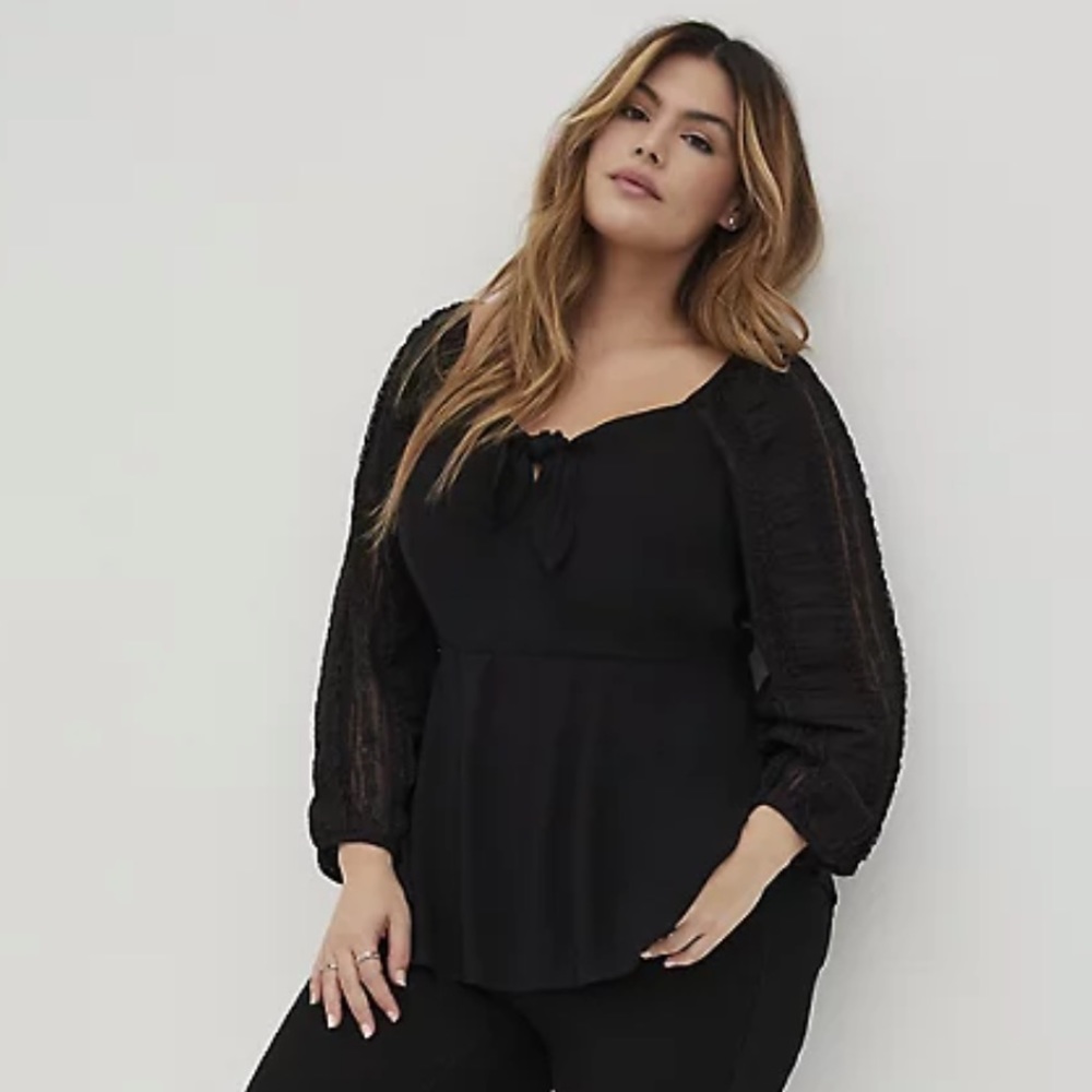 Torrid Black Gauze Tie Front Peplum Blouse